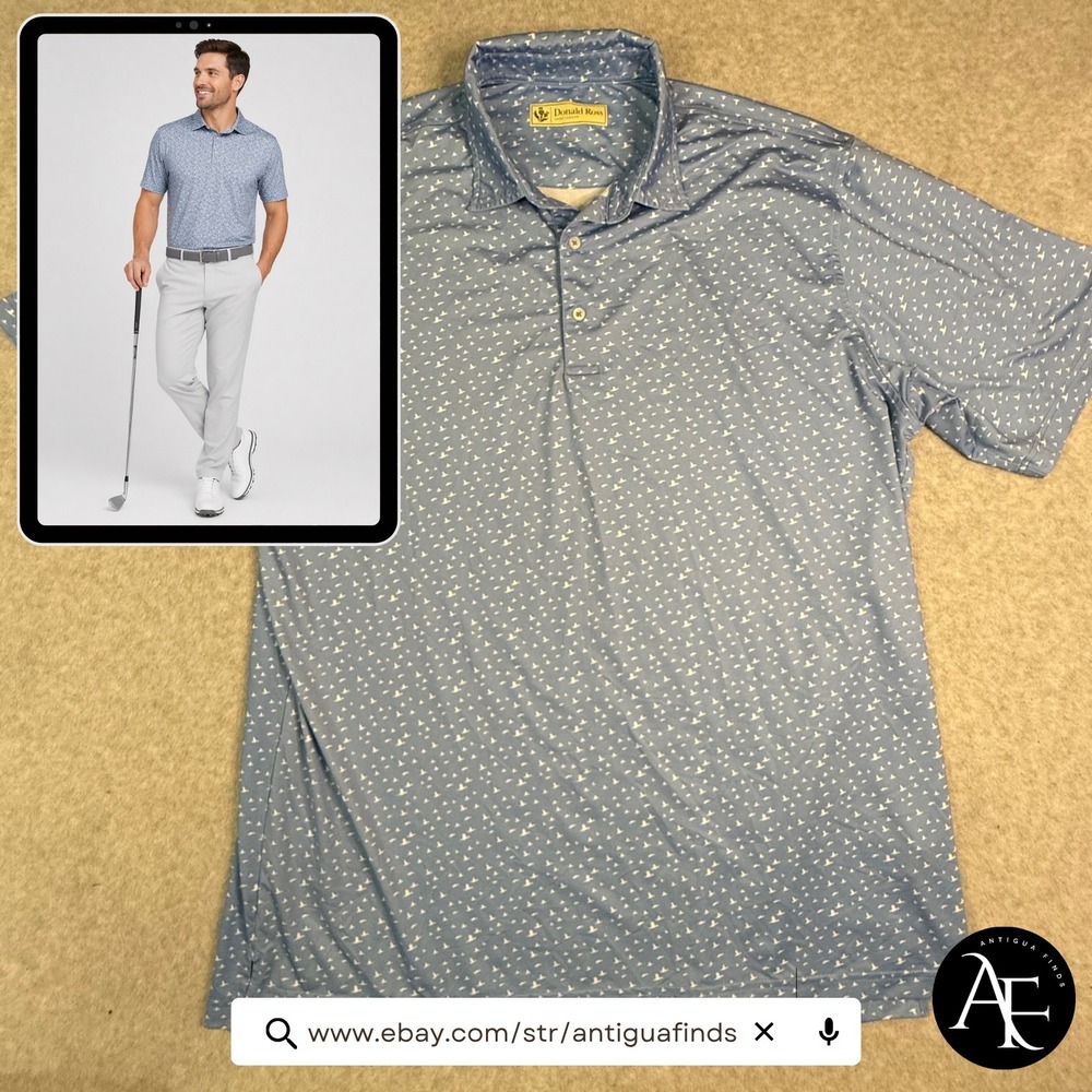 Donald Ross Sportswear Blue Bird Print Golf Polo Shirt Mens‎ XL Colonial Logo